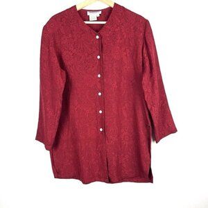 Vintage Red Silk Brocade Oversized Button Up Shirt Sz S / L‎ Long Line Festive